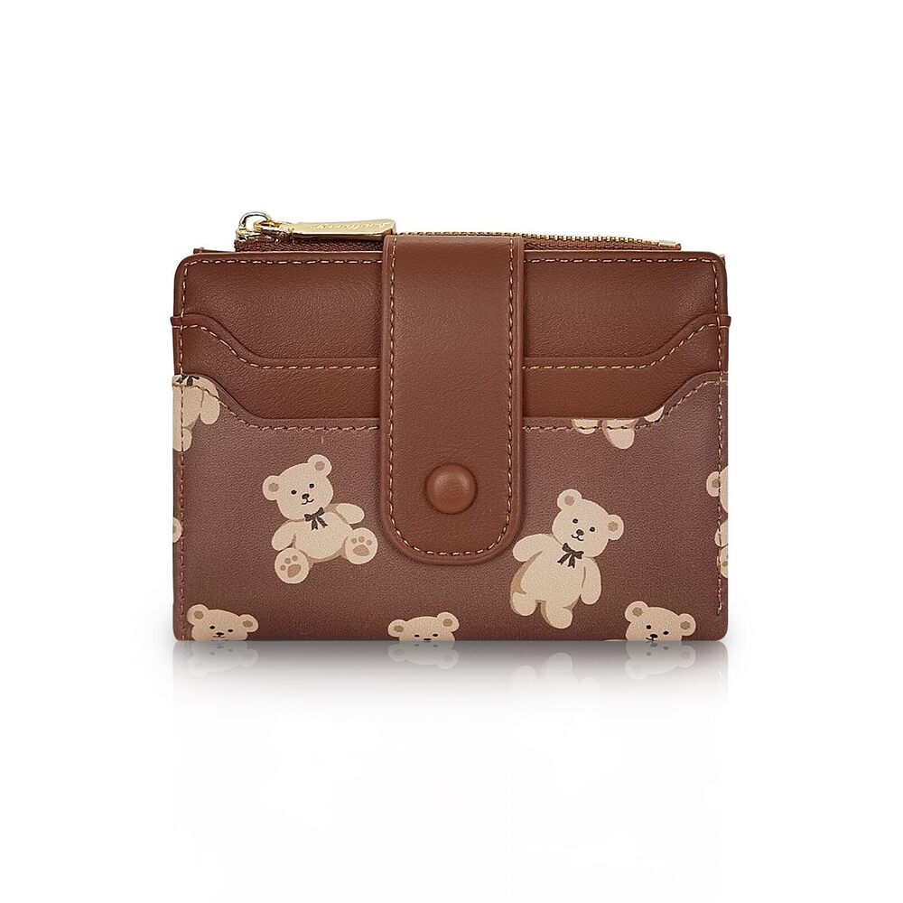 1679 Cute Wallet , Bear Print Zip Bifold Wallet with Front Card Slot, ID